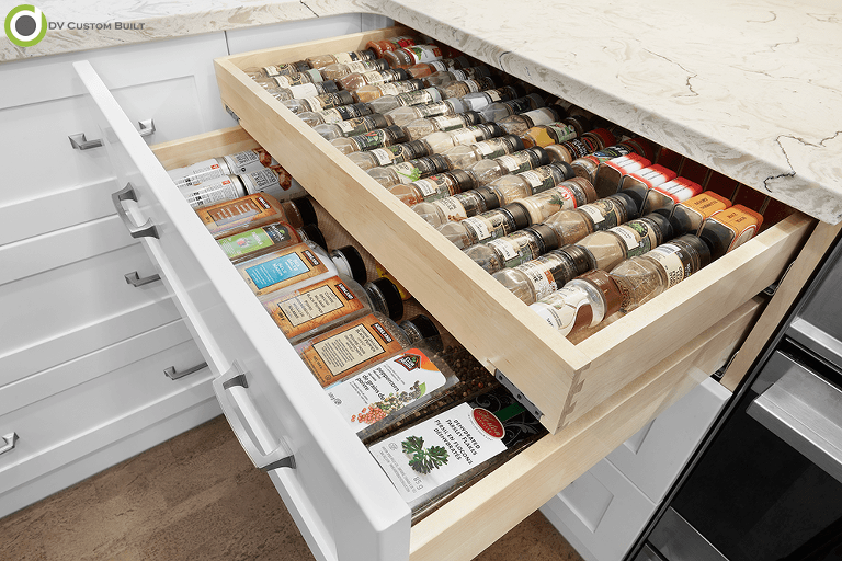 Custom built drawer for spices, two drawers in one